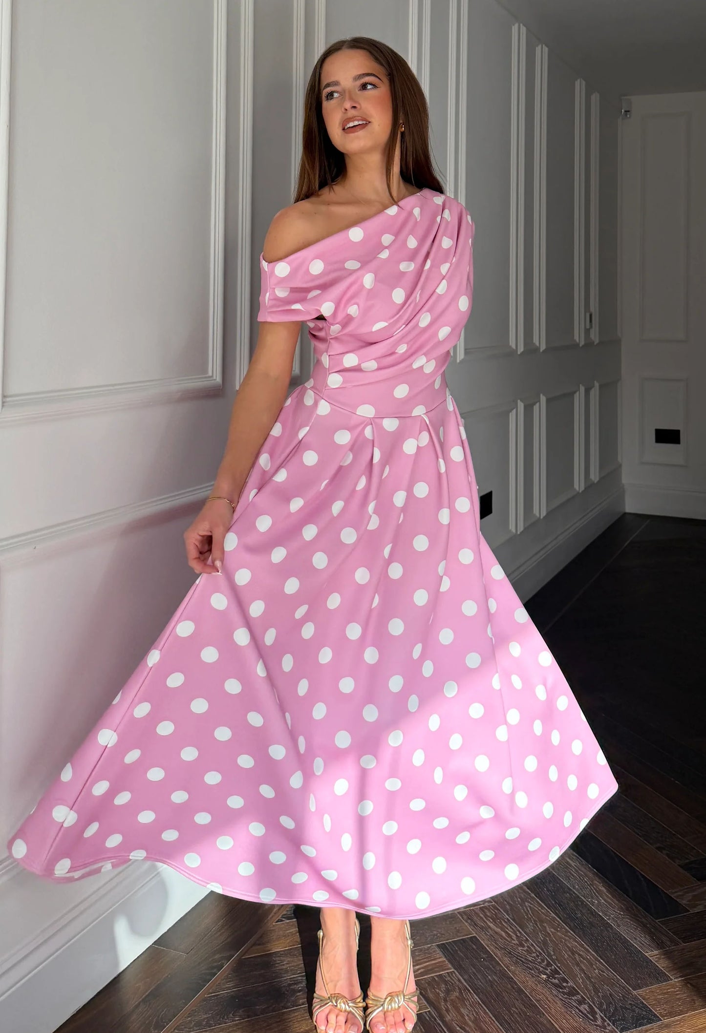 Betty Asymmetric Polka Dot Midi Dress