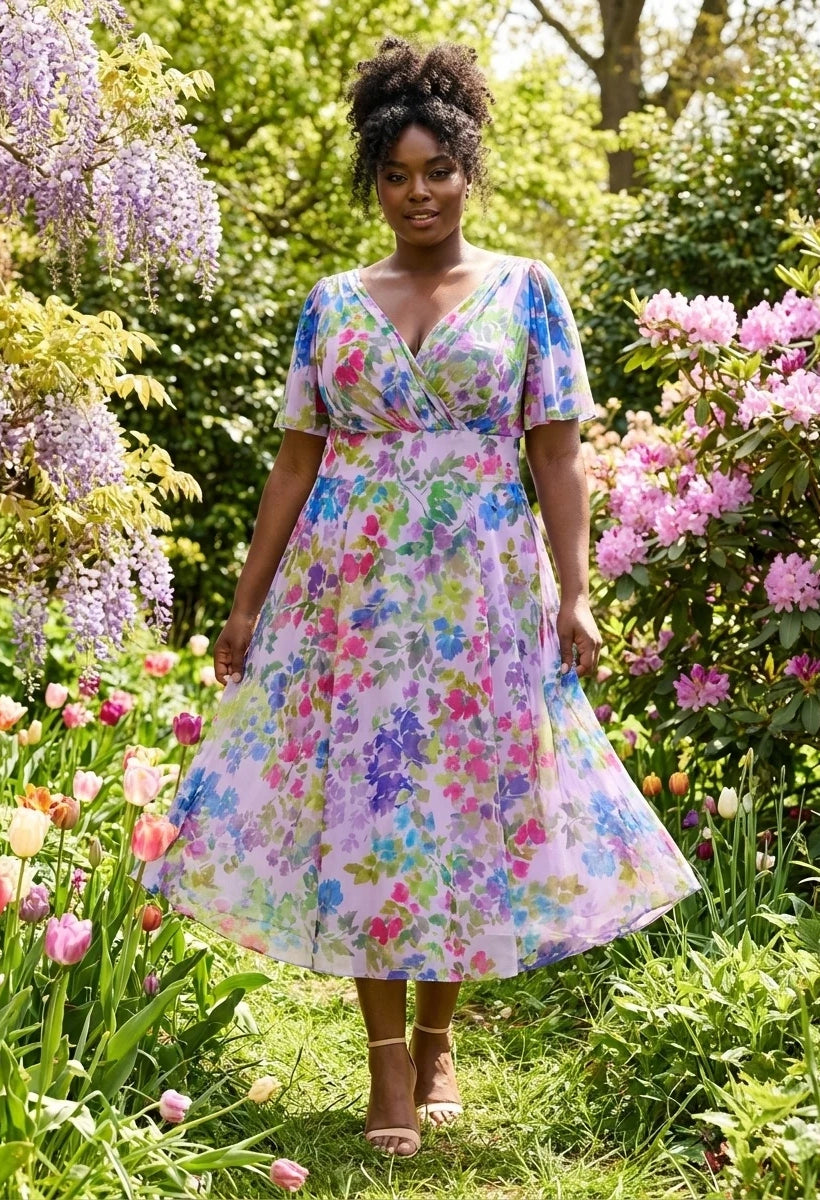 Victoria Angel Sleeve Mesh Midi Curve+ Dress