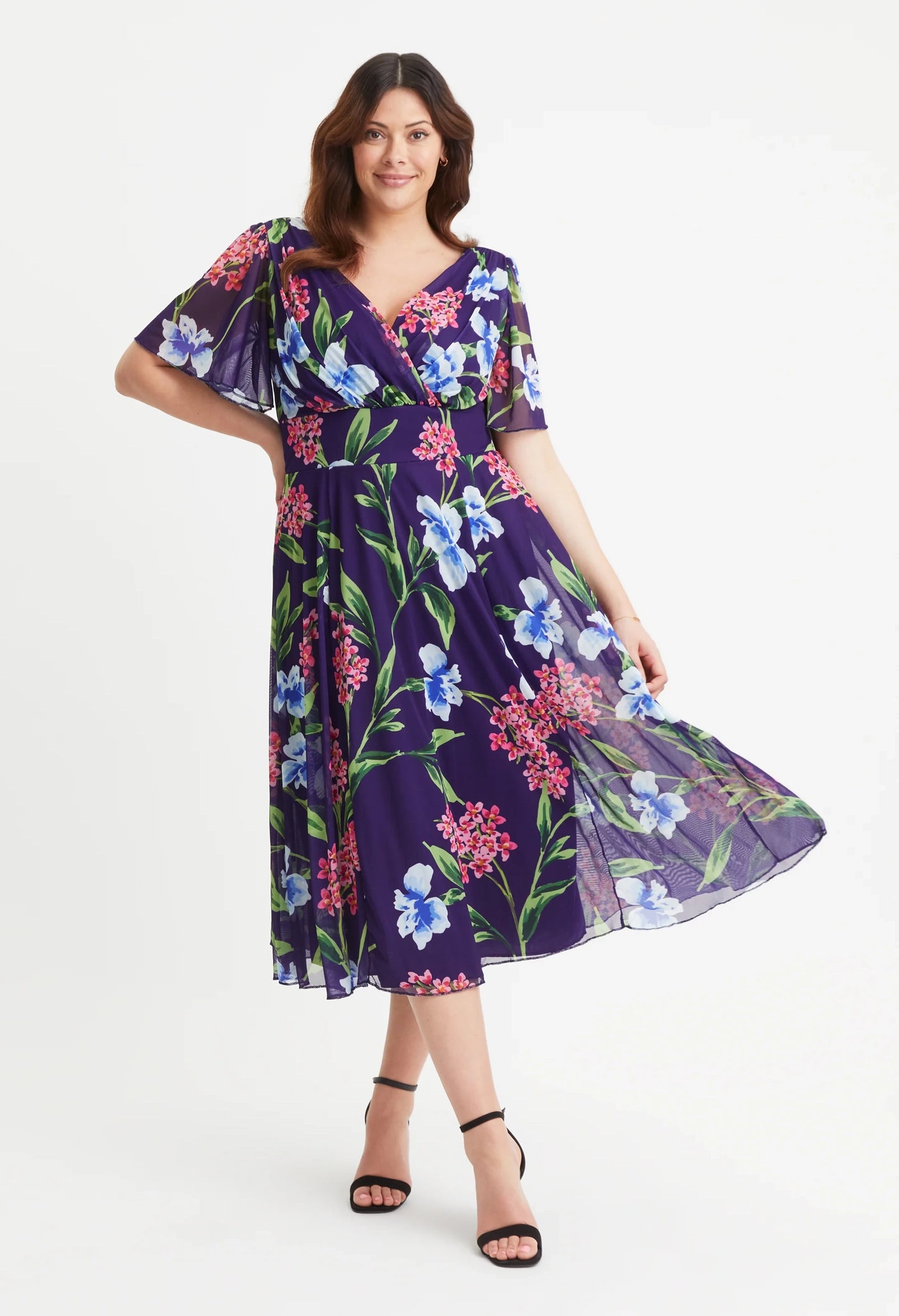 Victoria Angel Sleeve Mesh Midi Curve+ Dress