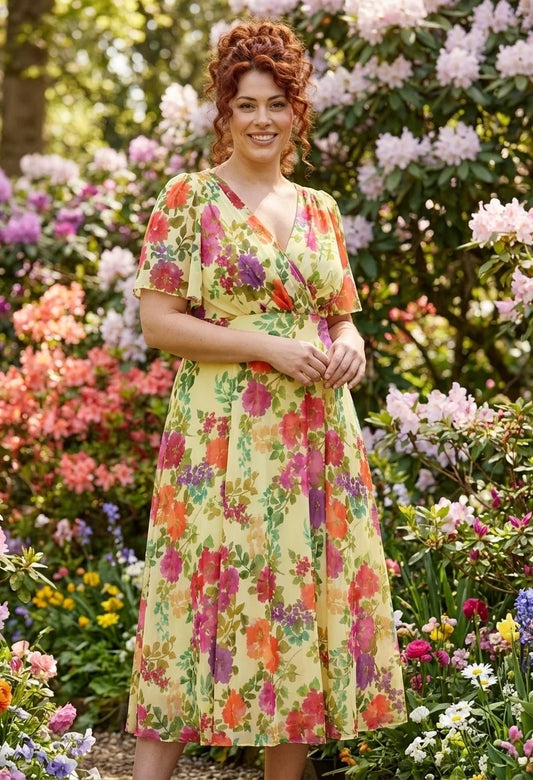 Victoria Angel Sleeve Mesh Midi Curve+ Dress