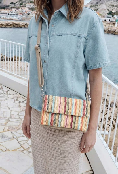 Person holding a colorful striped handbag with a scenic background