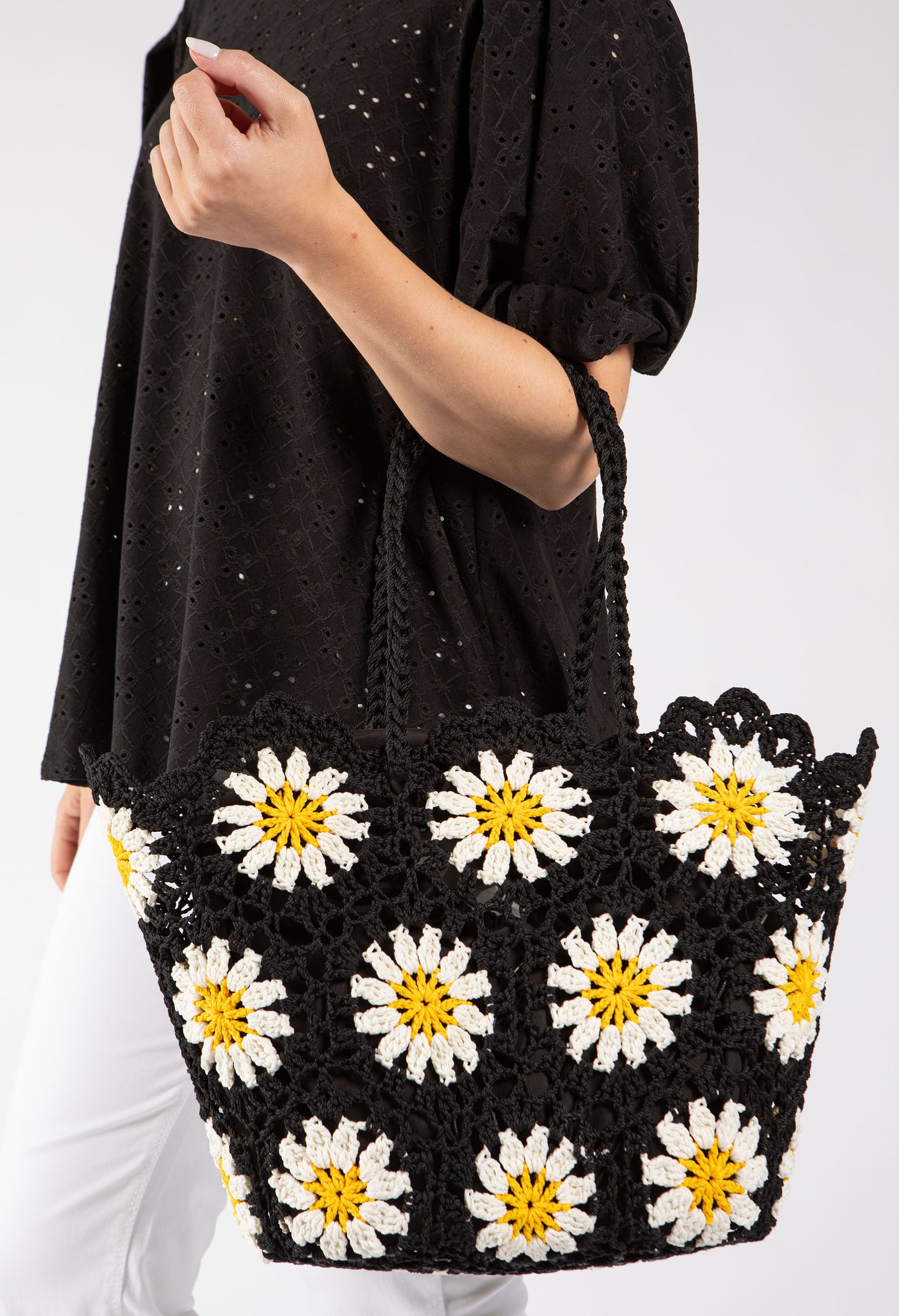 Crochet Knit Daisy Tote Bag
