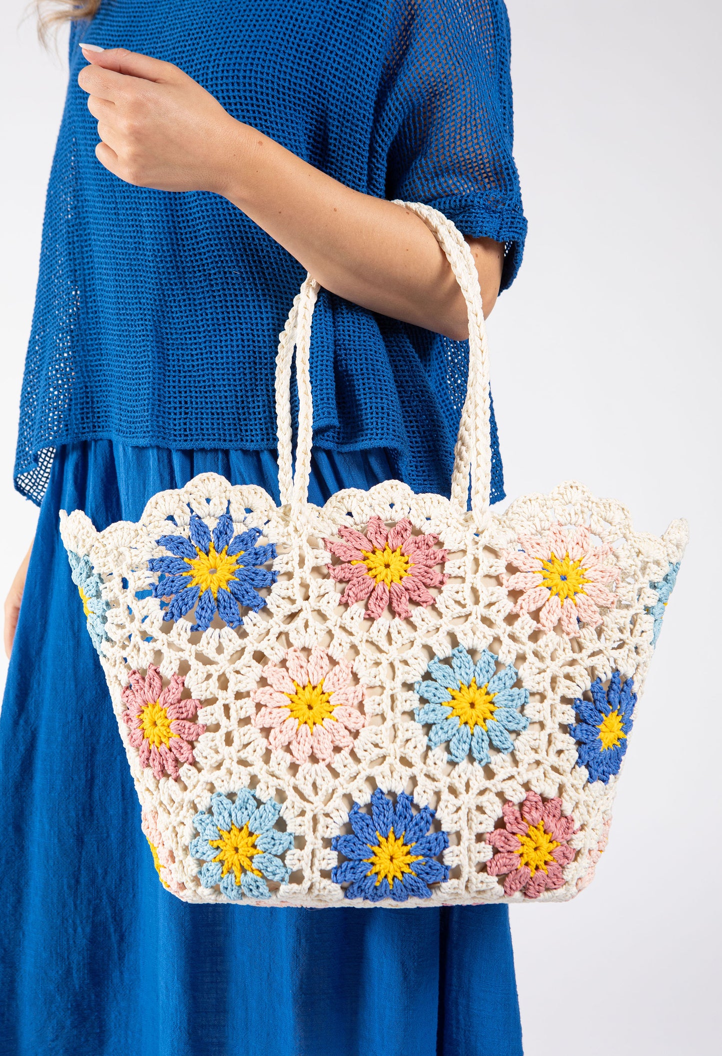 Crochet Knit Daisy Tote Bag
