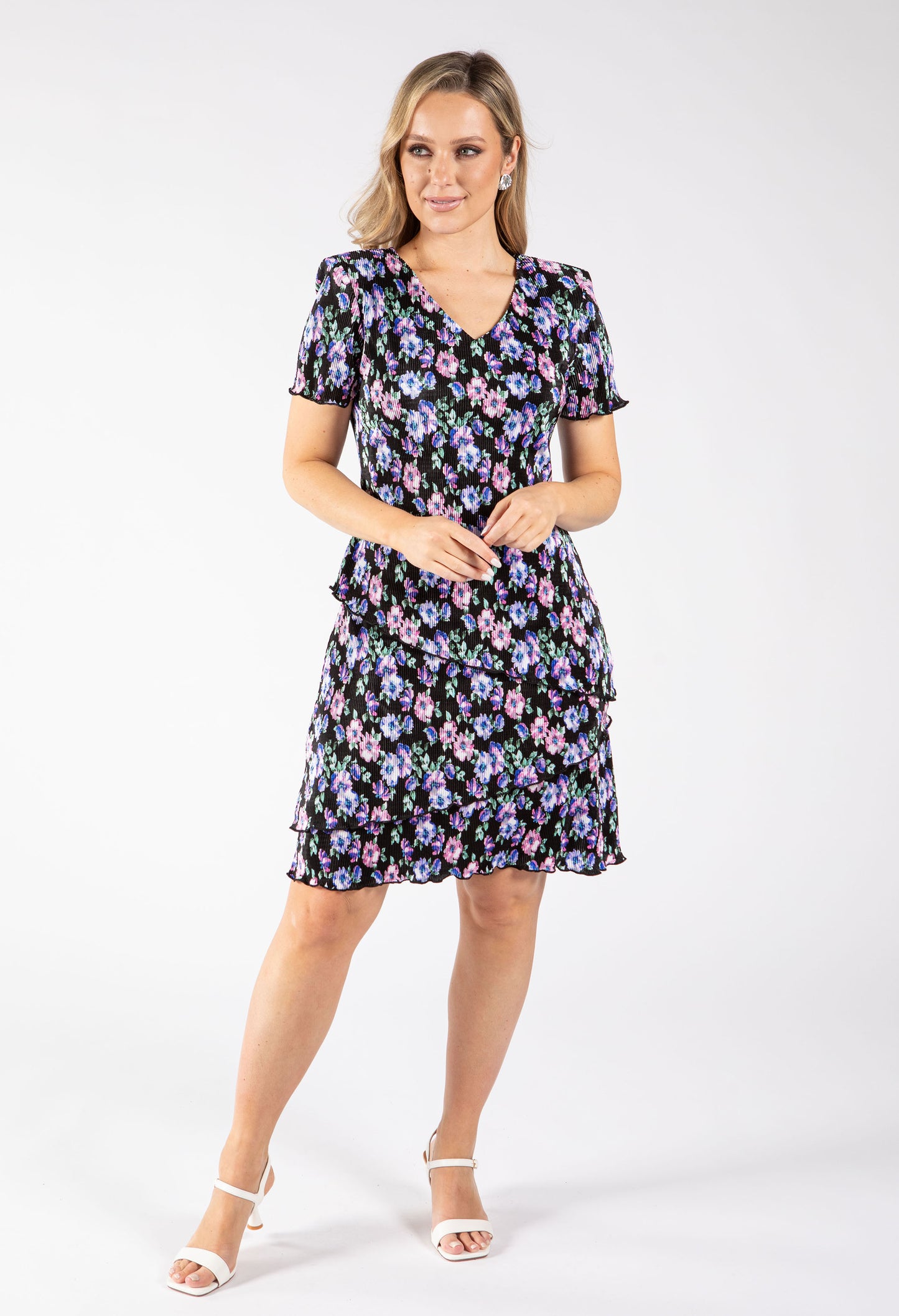 Floral Print Tiered Plisse Dress