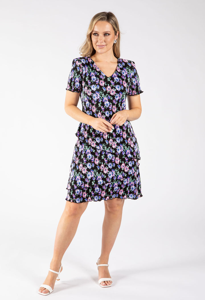Floral Print Tiered Plisse Dress