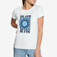 Woman wearing a white t-shirt with 'No Sun No Fun' graphic design on a plain background