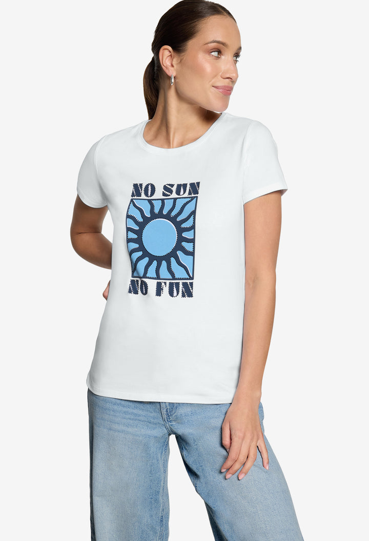 Woman wearing a white t-shirt with 'No Sun No Fun' graphic design on a plain background