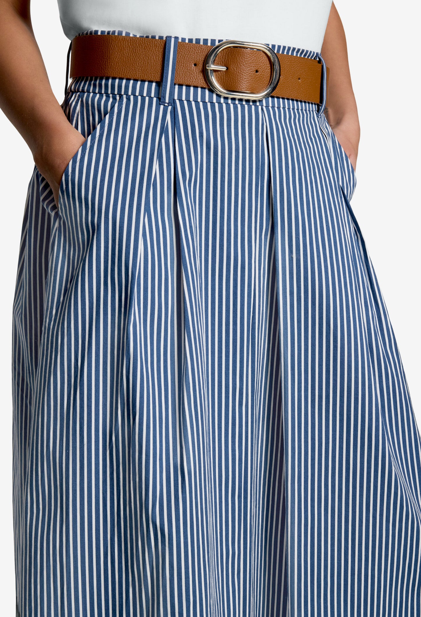Striped Belted Midi Skirt