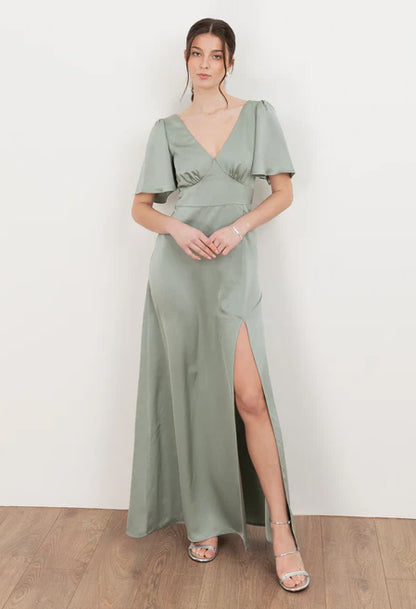 Angel Sleeve Satin Maxi Dress