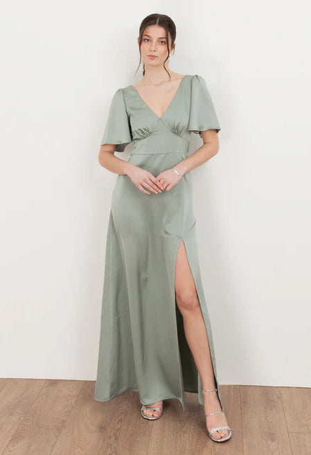 Angel Sleeve Satin Maxi Dress