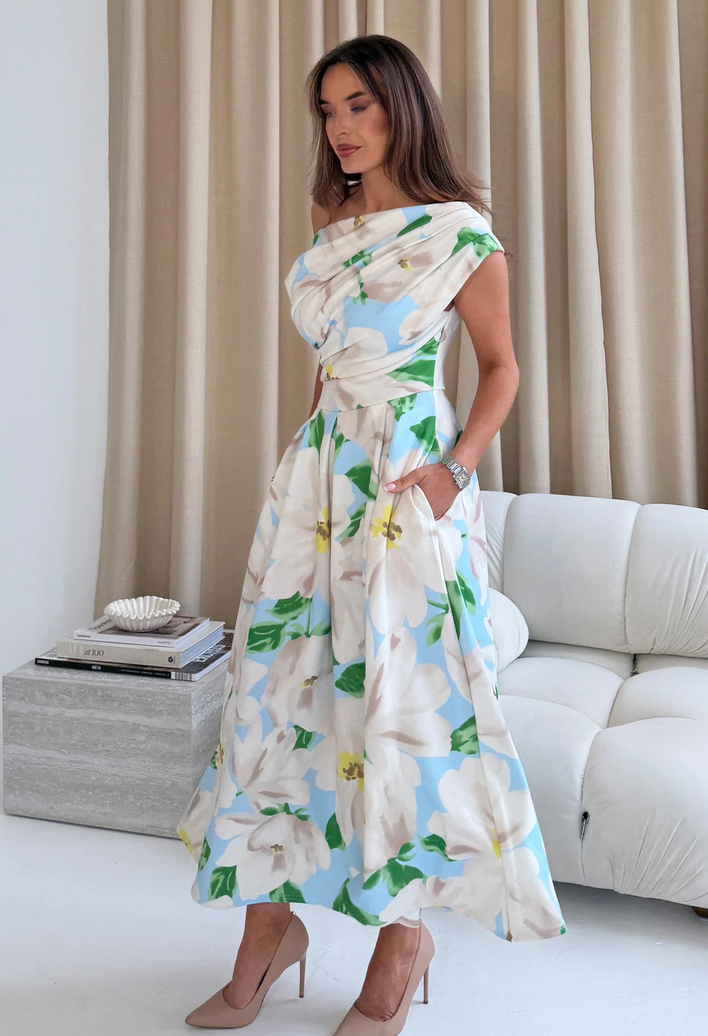 Betty Asymmetric Floral Print Midi Dress
