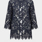 Navy lace dress with intricate patterns on a white background