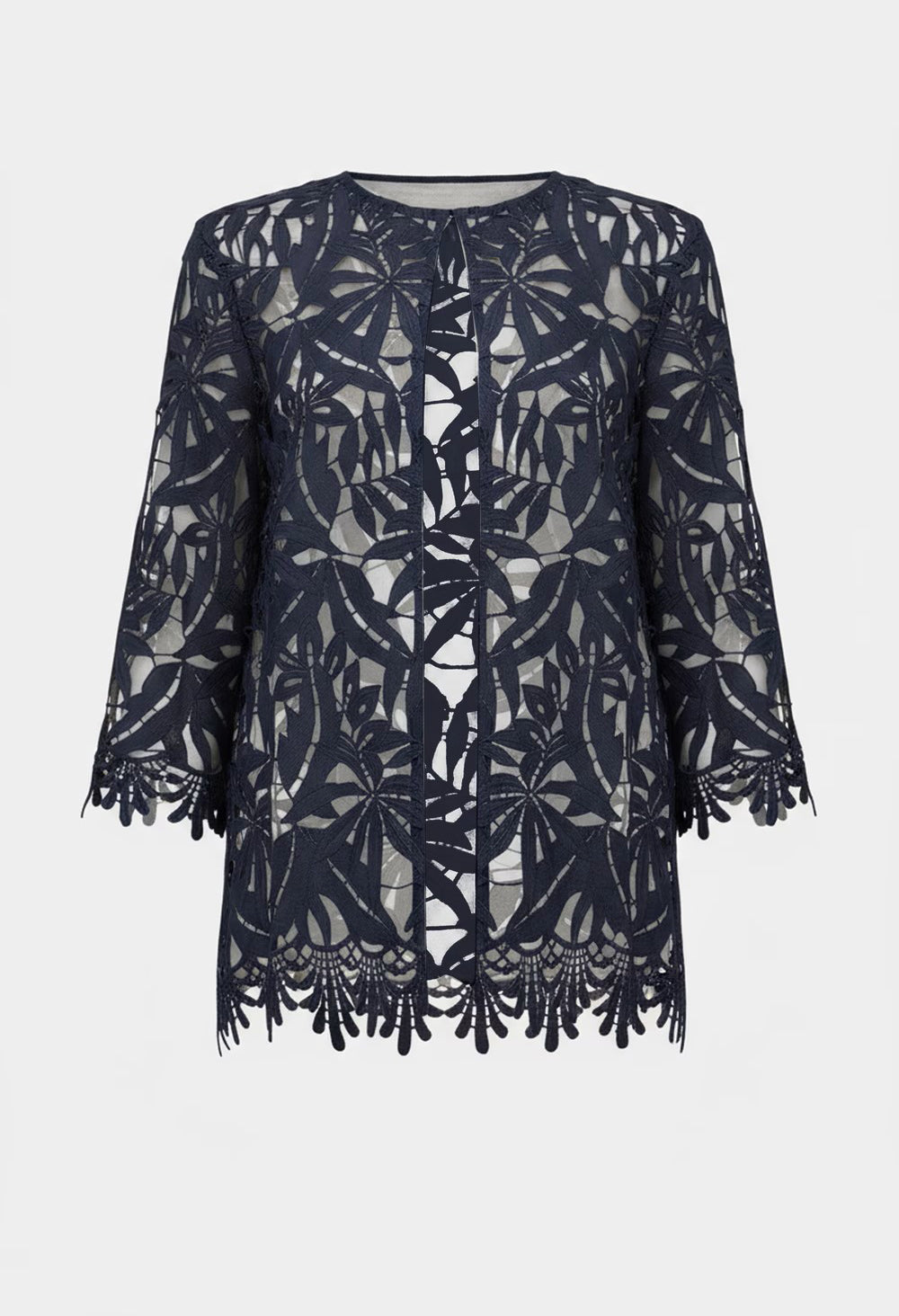 Navy lace dress with intricate patterns on a white background