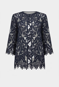 Navy lace dress with intricate patterns on a white background