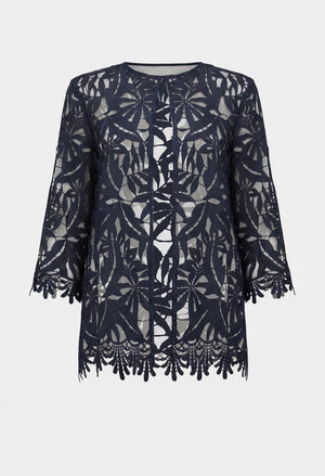 Navy lace dress with intricate patterns on a white background