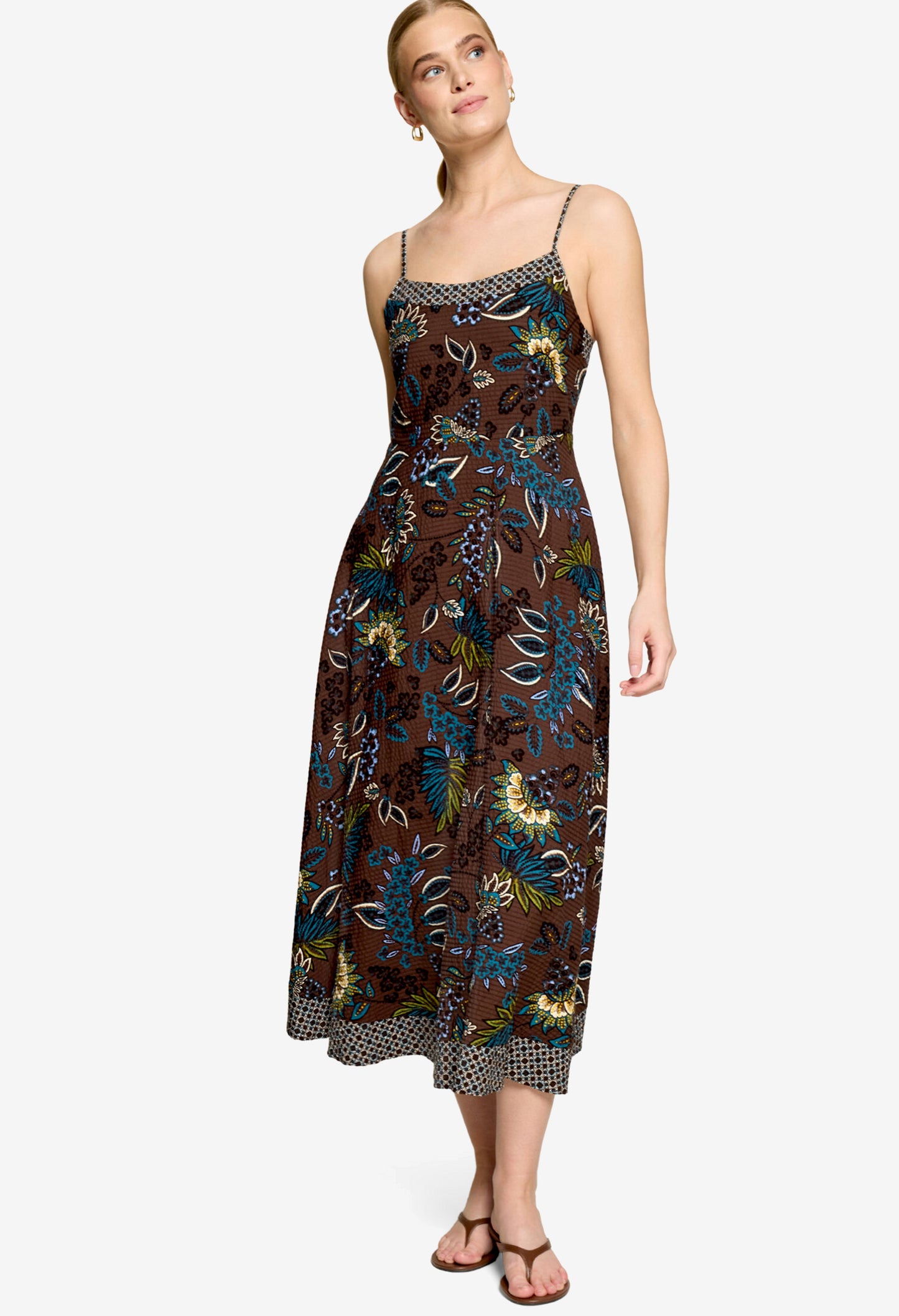 Bordered Floral Print Midi Dress