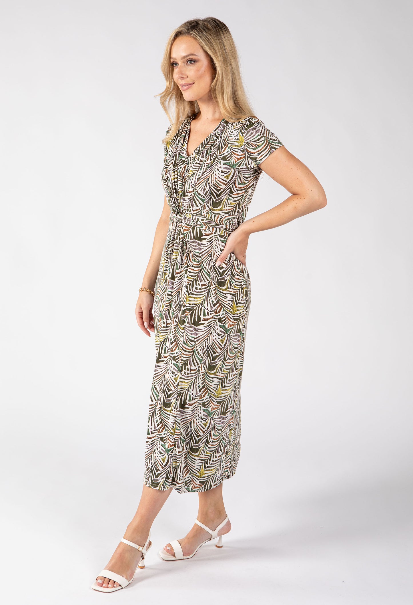 Apple Front Knot Palm Print Dress