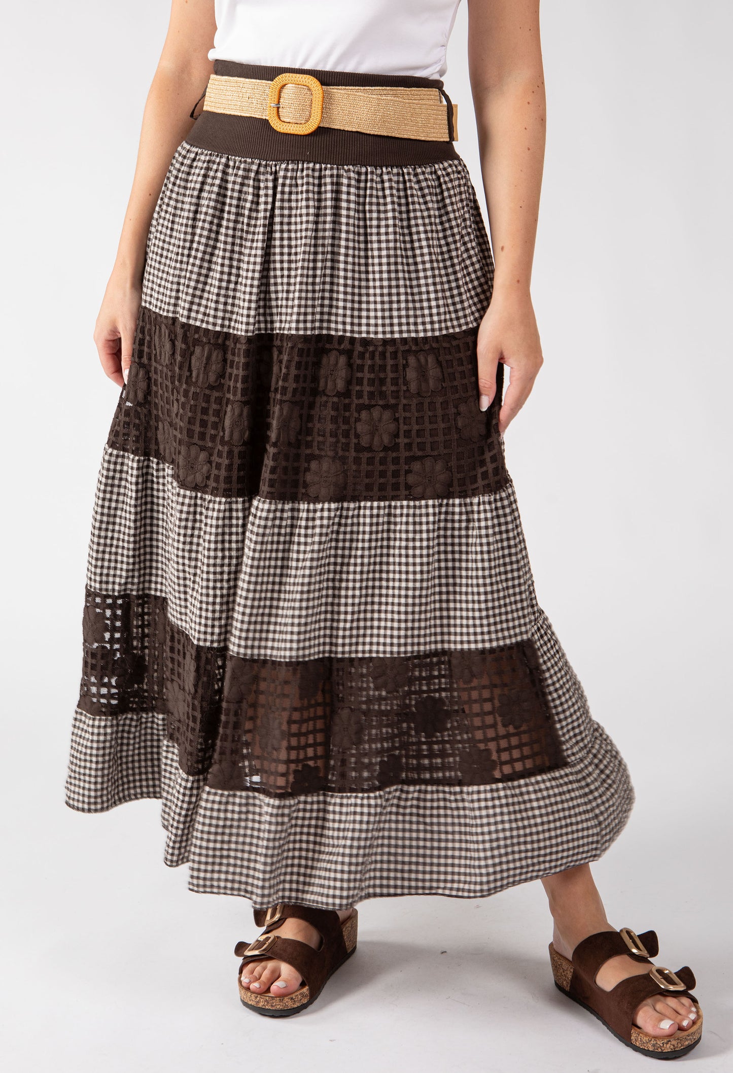 Gingham & Lace Midi Skirt