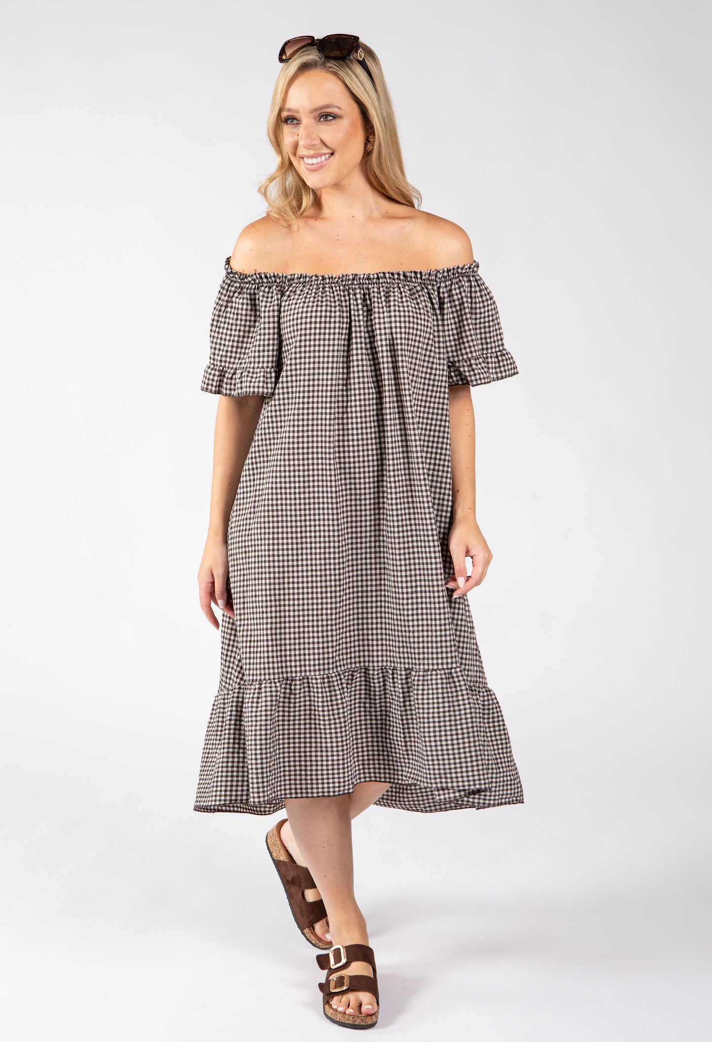 Off the Shoulder Gingham Dress