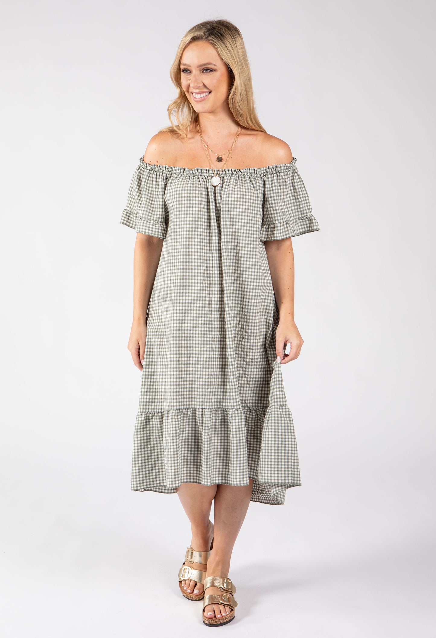 Off the Shoulder Gingham Dress