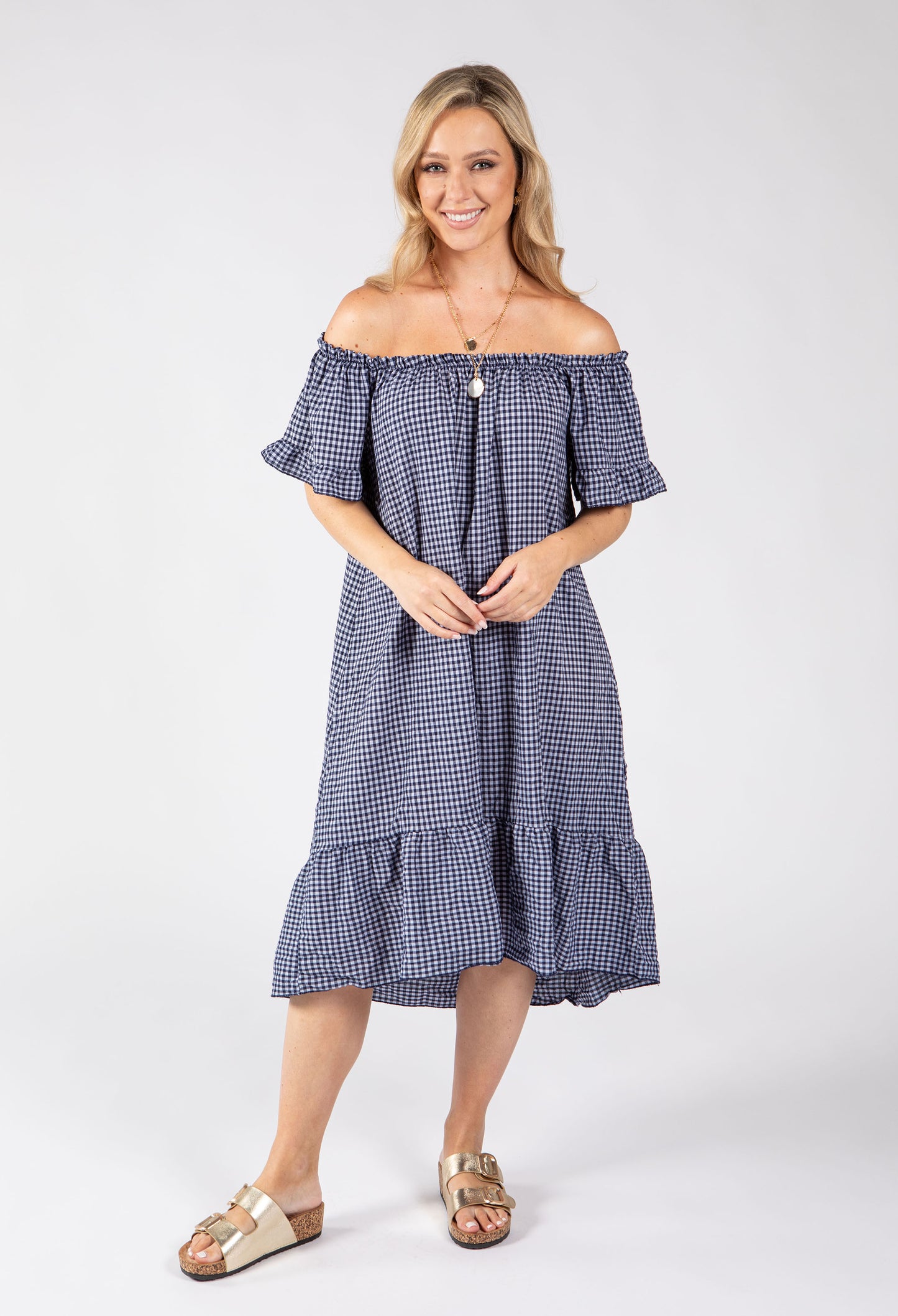 Off the Shoulder Gingham Dress