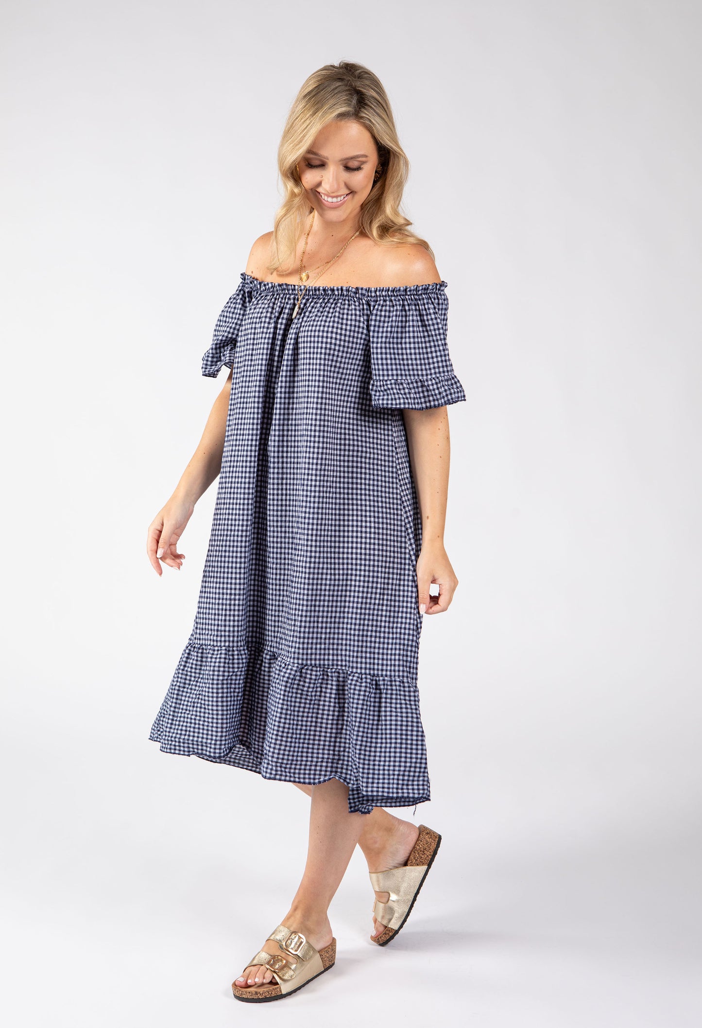 Off the Shoulder Gingham Dress