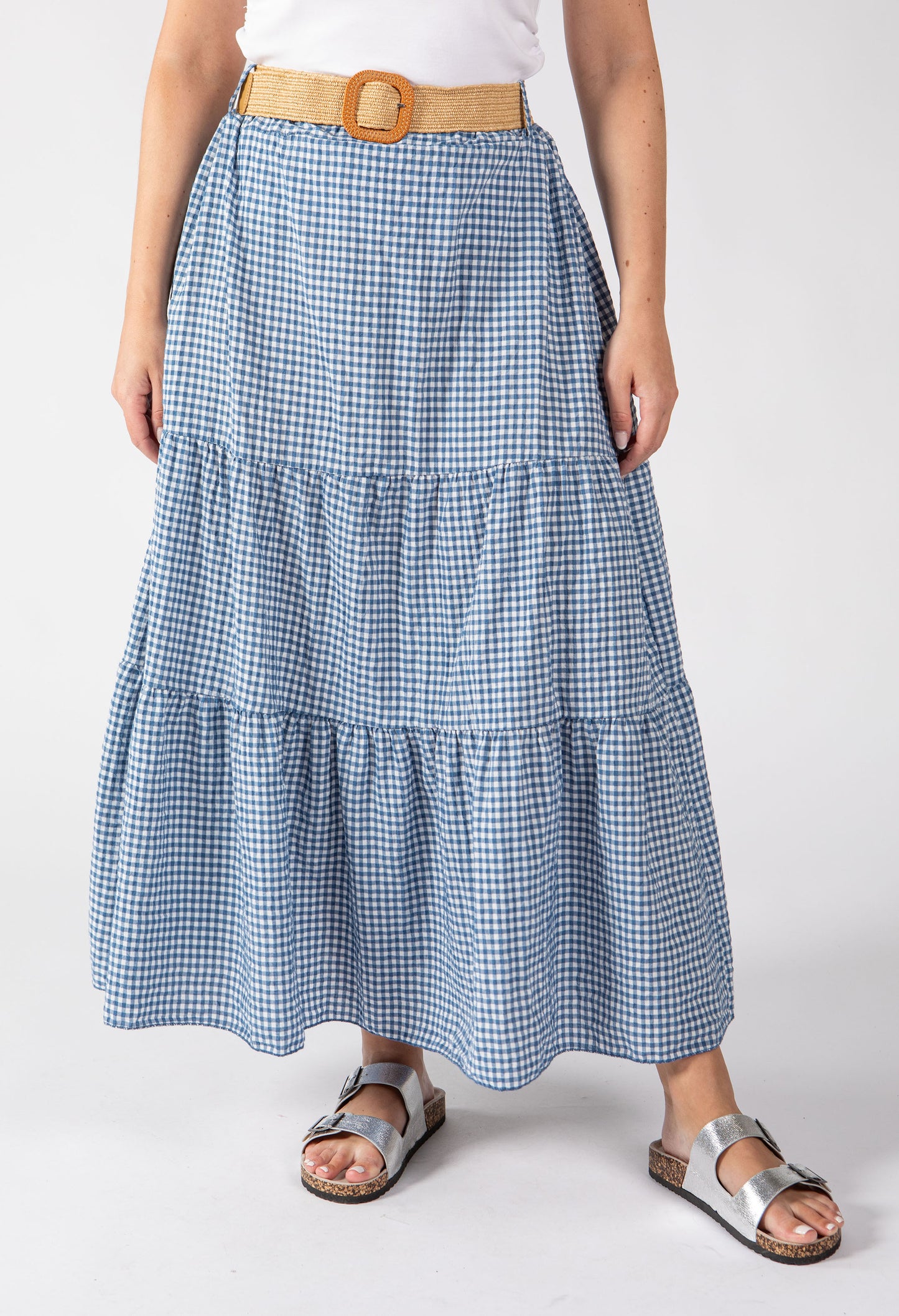 Gingham Tiered Midi Skirt