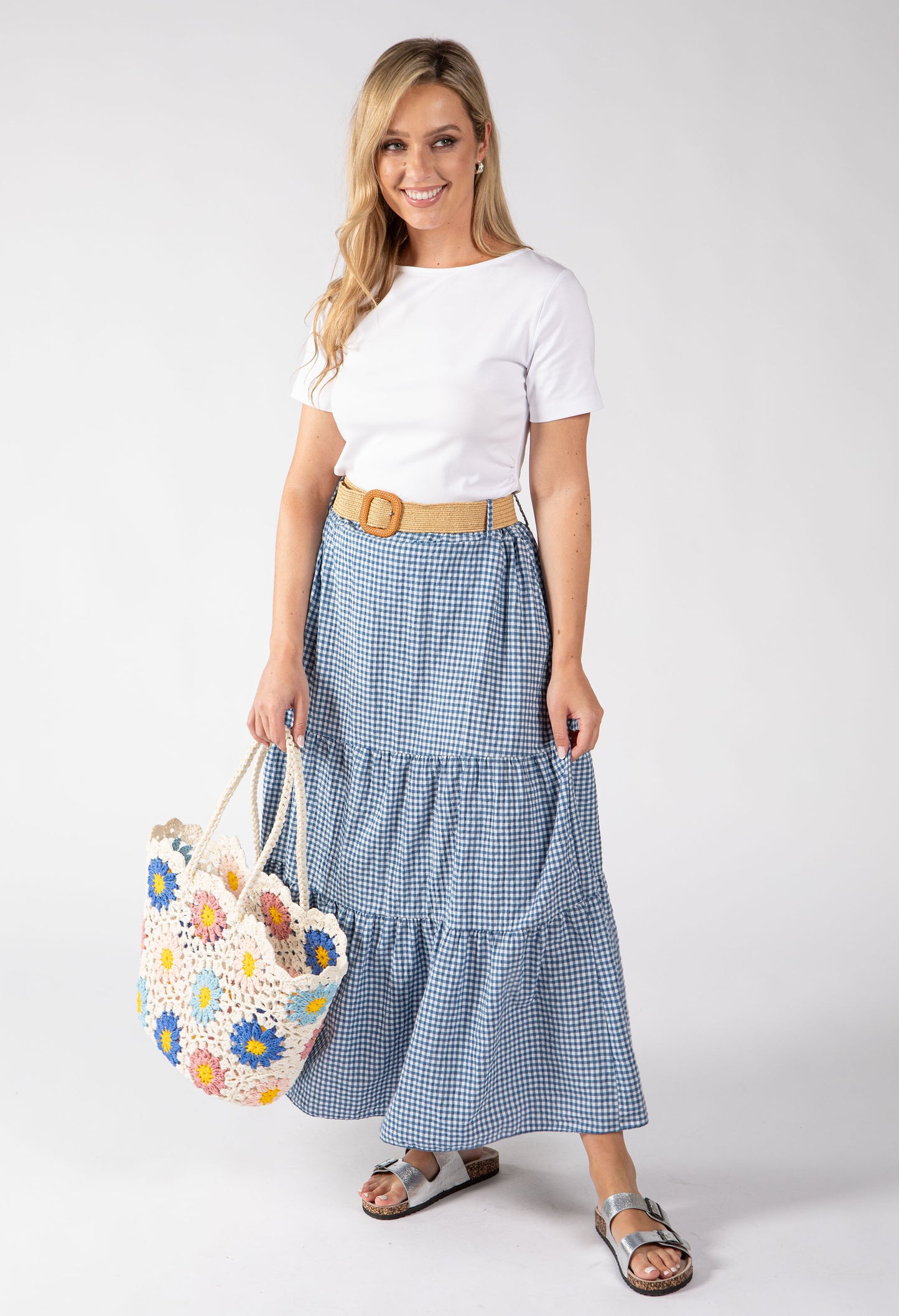 Gingham Tiered Midi Skirt