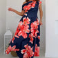 Front view of Betty asymmetric floral print midi dress in navy mix