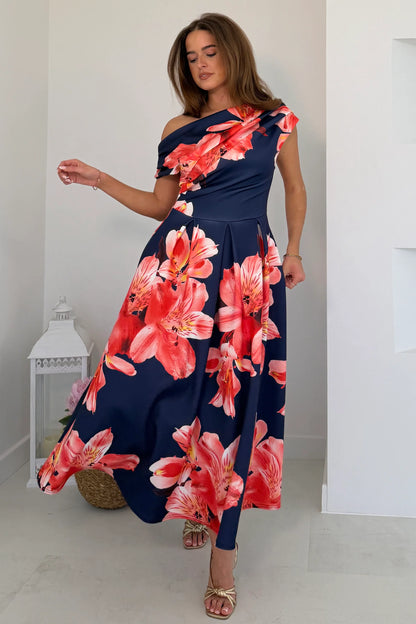 Front view of Betty asymmetric floral print midi dress in navy mix
