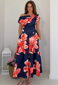 Close-up of floral print and fabric texture on Betty midi dress
