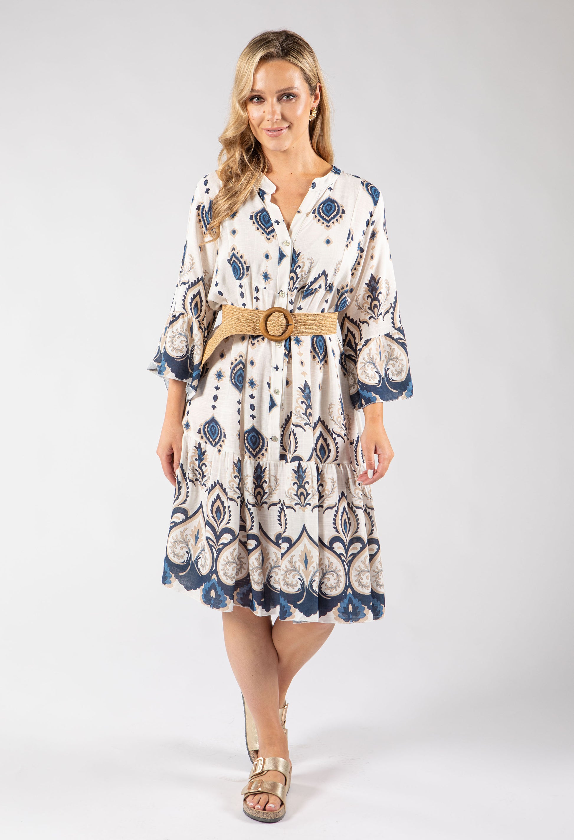 paisley printed flowy dress in navy