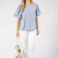 Woman wearing a blue checkered top and white pants, holding a floral bag on a white background