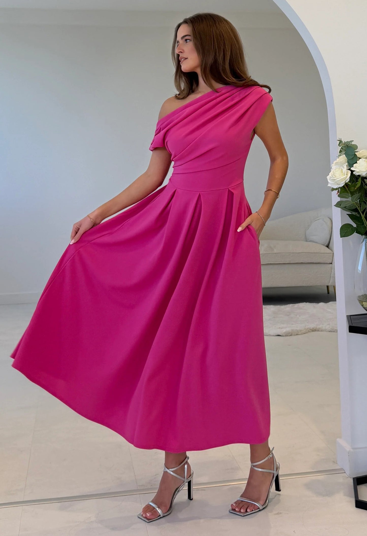 Dollie Asymmetric Neckline Skater Midi Dress