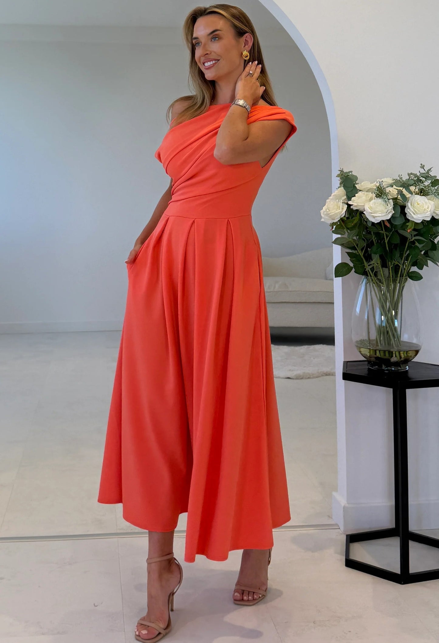 Dollie Asymmetric Neckline Skater Midi Dress