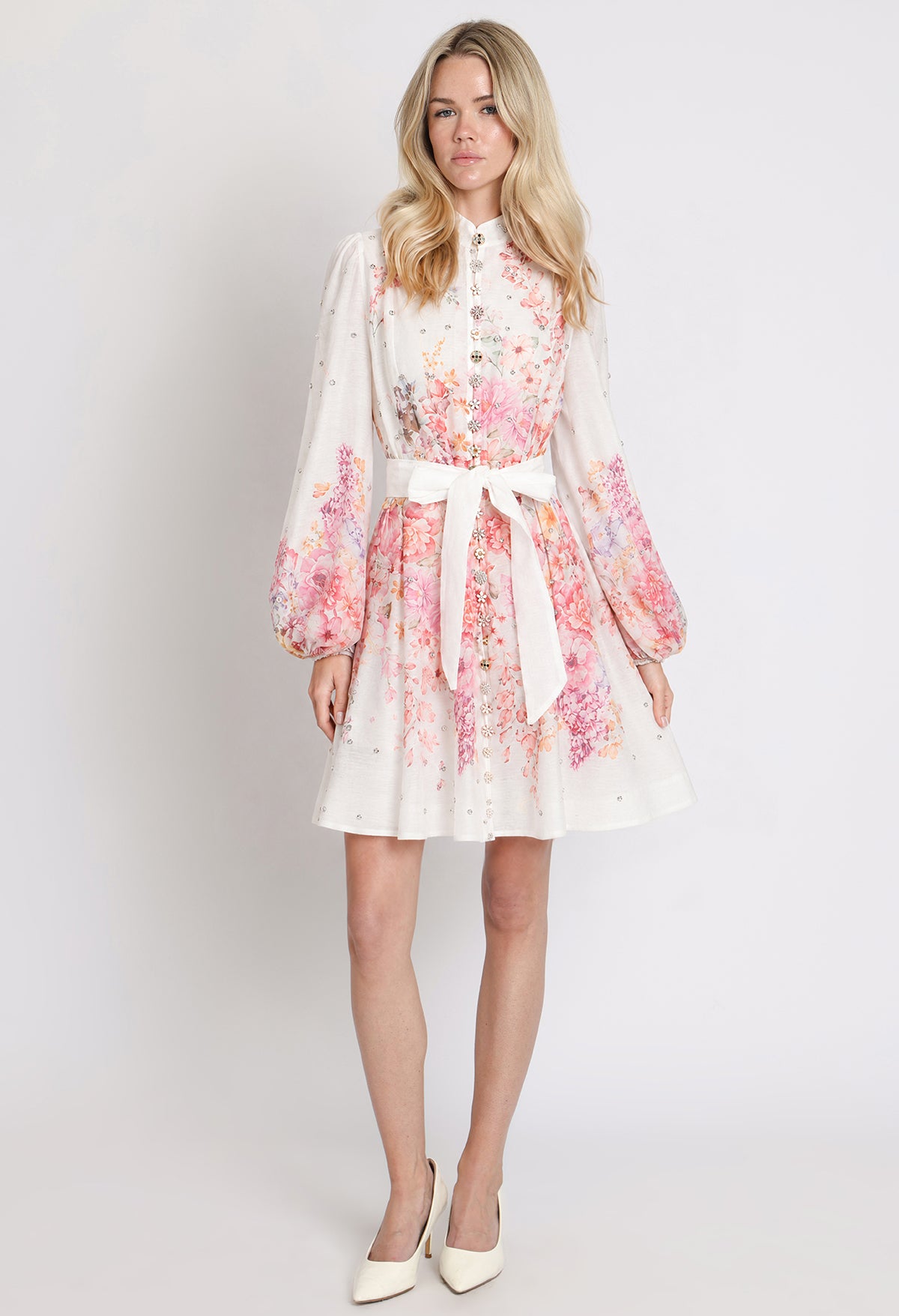 Floral and Diamante Belted Short Dress