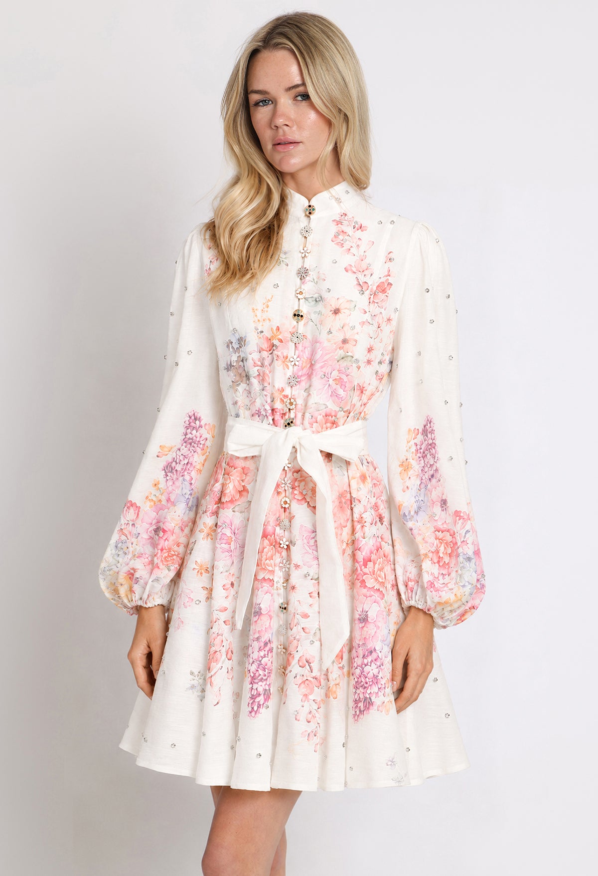 Floral and Diamante Belted Short Dress