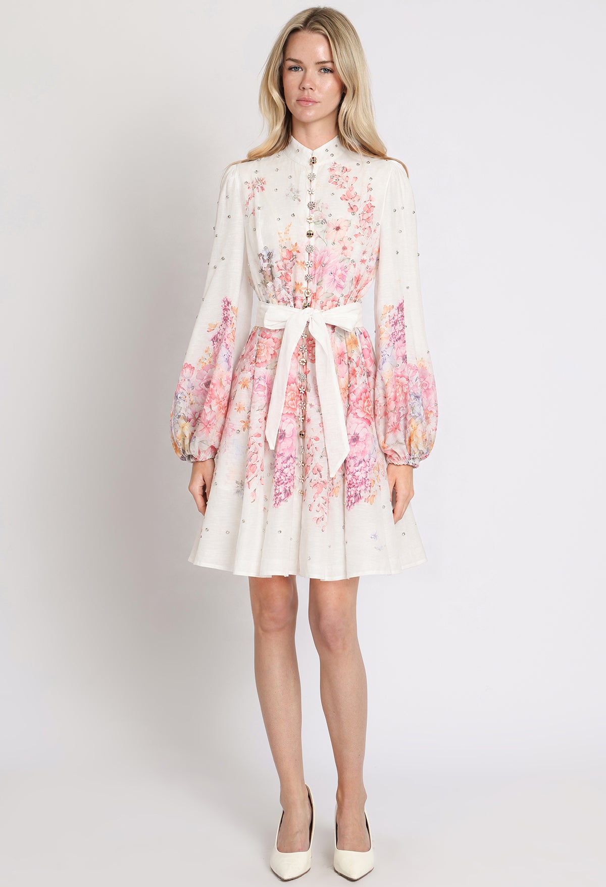 Floral and Diamante Belted Short Dress