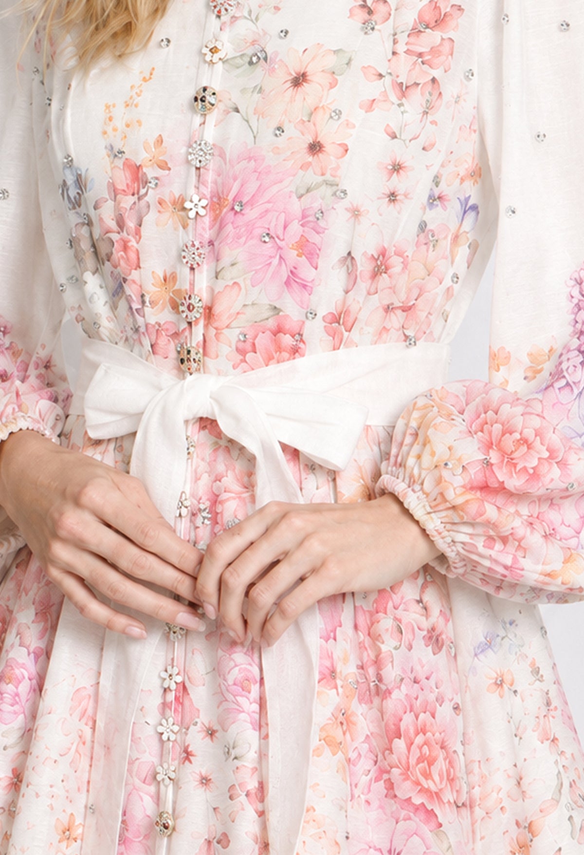 Floral and Diamante Belted Short Dress