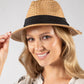 Woman wearing a straw hat with a black band on a gray background