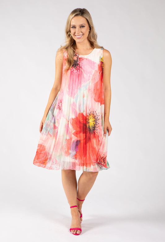 Plisse Pleated Floral Short Dress
