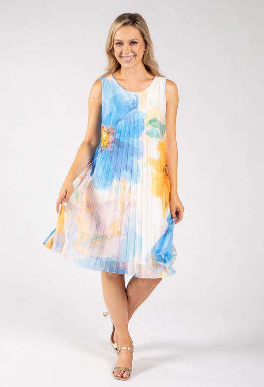 Plisse Pleated Floral Short Dress