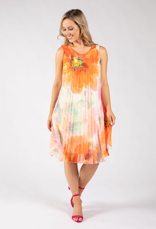 Plisse Pleated Floral Short Dress