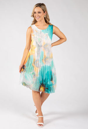 Plisse Pleated Floral Short Dress
