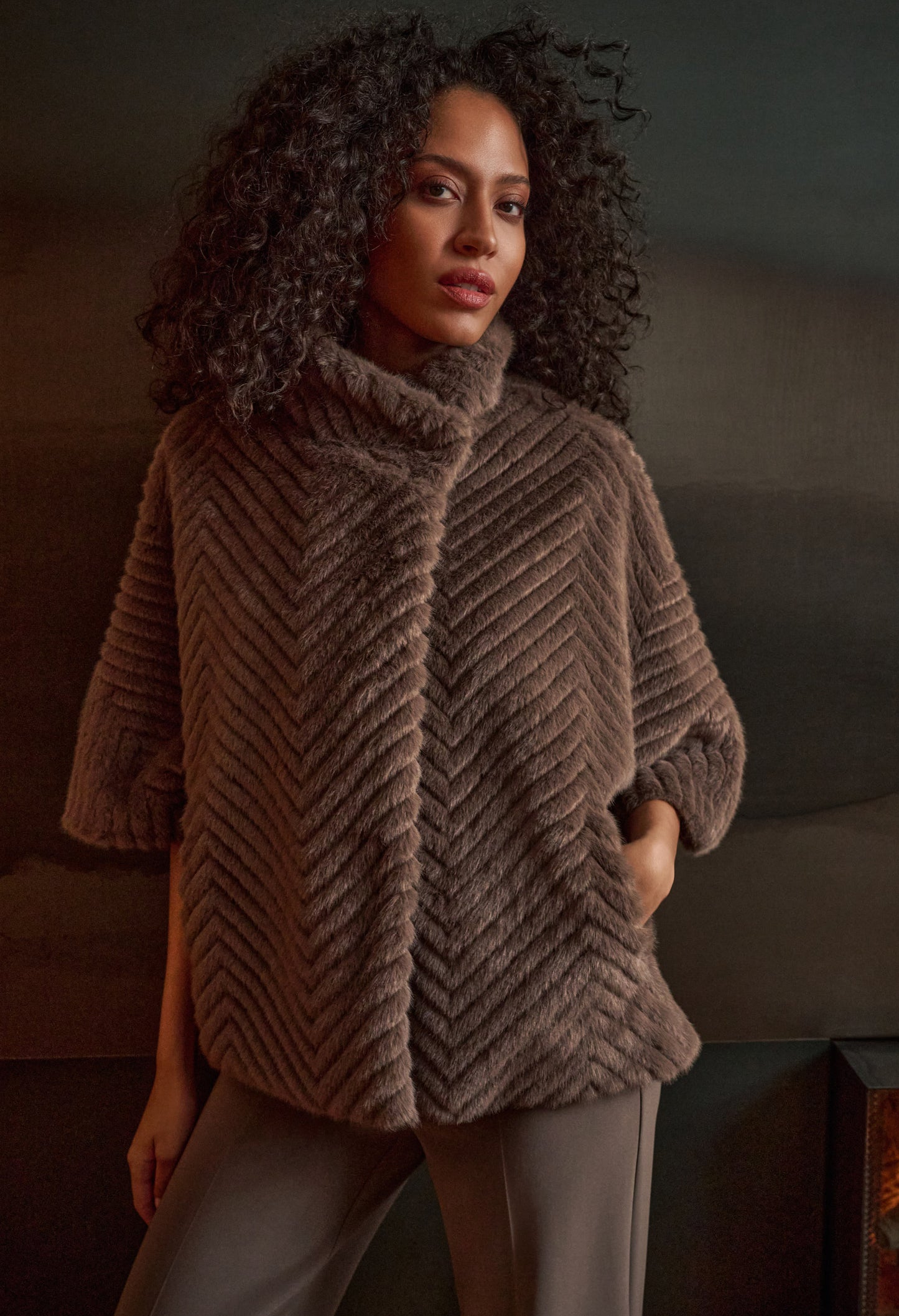 Short Chevron Faux Fur Cape