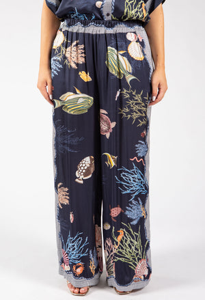 Ocean Print Wide Leg Trousers