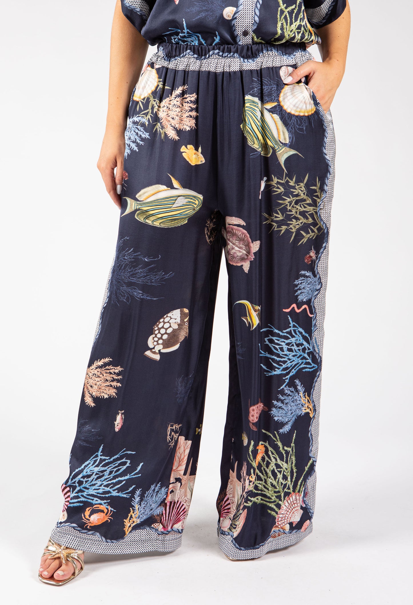 Ocean Print Wide Leg Trousers