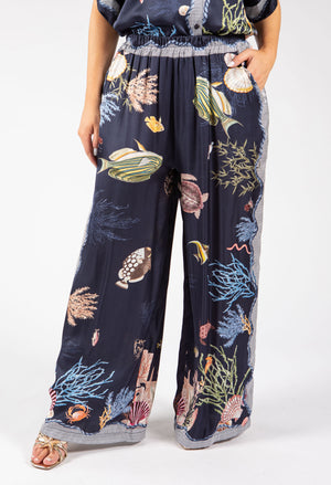 Ocean Print Wide Leg Trousers