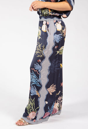 Ocean Print Wide Leg Trousers