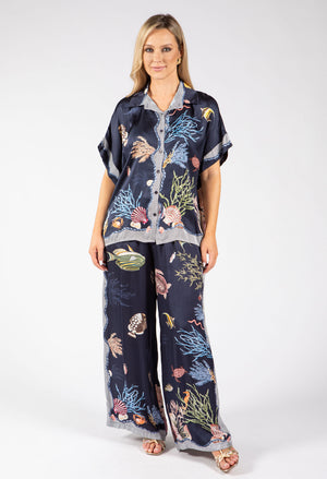 Ocean Print Wide Leg Trousers